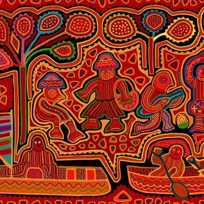 Kuna Indian Mola Folk Art - Men in Boats - Red Navy Orange Yellow - Design 16137140 - Large Scale