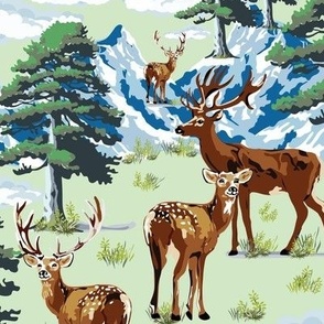 Wild Woodland Deer, Animals Snowy Mountain Landscape, Outdoors Pine Tree Woods Illustration in Forest Green Blue White (Small Scale)