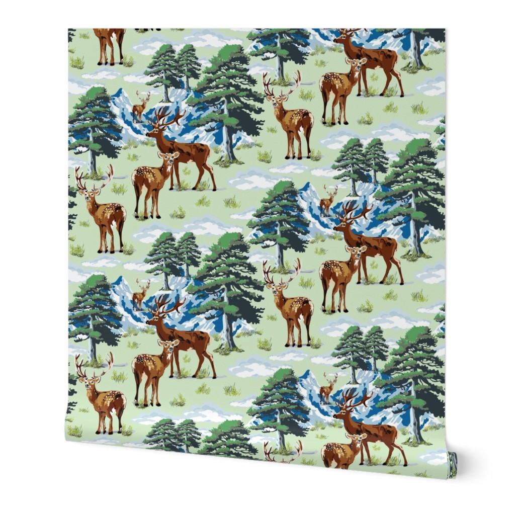 Mountain Deer Animals Landscape, Wild Woodland Deer, Green Pine Tree Forest on Green and Blue (Medium Scale)