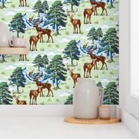 Mountain Deer Animals Landscape, Wild Woodland Deer, Green Pine Tree Forest on Green and Blue (Medium Scale)