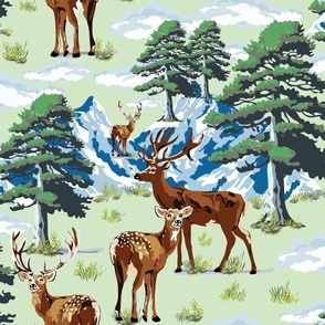 Mountain Deer Animals Landscape, Wild Woodland Deer, Green Pine Tree Forest on Green and Blue (Medium Scale)