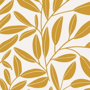 Large scale simple leafy vines and stems - mustard on creamy white