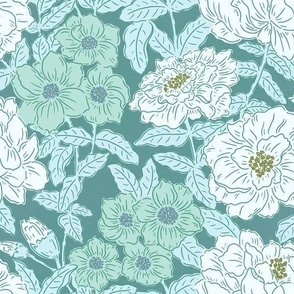 Wildflower Dreams - Medium - Blue, Green, Peony, Zinnia, Leaves, Garden, Florals, Flowers