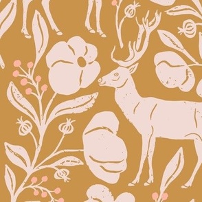 Mountain Aven Flowers and Deer in Mustard Yellow and Pink  in a Canadian Meadow  | Medium Version | Bohemian Style Pattern in the Woodlands