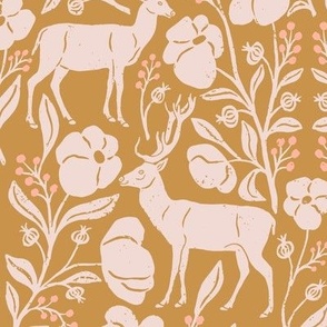 Mountain Aven Flowers and Deer in Mustard Yellow and Pink  in a Canadian Meadow  | Small Version | Bohemian Style Pattern in the Woodlands