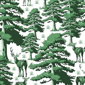 Maximalist Animals Wallpaper, Forest Green White Woodland Toile, Modern Vintage Deer Pine Tree Forest, Wild Stag, Baby Fawn and Doe (Medium Scale)