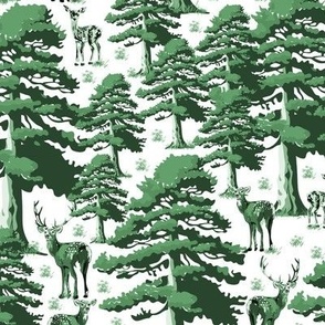 Woodland Animal Toile, Green and White Wallpaper, Modern Vintage Deer Forest, Wild Stag, Baby Fawn and Doe, Pine Trees in Green and White (Medium Scale)