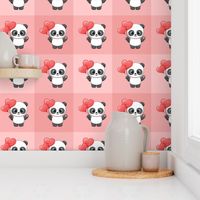Panda Love with Pastel Pink Block Plaid Background