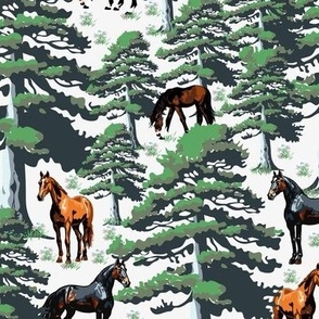 Horse Pony Rider Woodland Forest Lover, Black Brown Chestnut Wild Horses Landscape, Forest Green Woodland Scene (Medium Scale) 