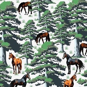 Wild Horses Forest Landscape, Black Brown Chestnut Forest Green Woodland Scene (Small Scale) 