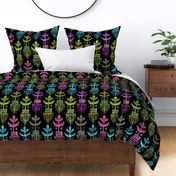 Ikat Botanical Petal Magenta Olive on Black Large