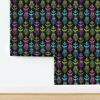 Ikat Botanical Petal Magenta Olive on Black Large