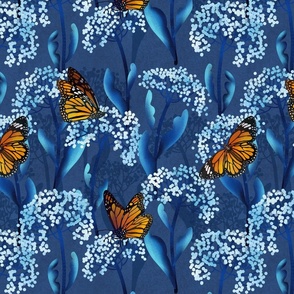Monarch Butterflies on Milk Weeds in Midnight Blue