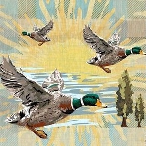 Flying Bird Duck Pattern, Lakelife Green Plaid Flying Birds, Light Green Plaid Duck Design, Flock of Ducks Over Sunrise Check Pattern (Medium Scale)