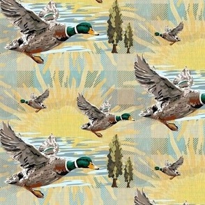 Flying Birds Muted Green Yellow Plaid, Migrating Flying Mallard Ducks Light Green Gingham, Flock of Ducks on Yellow Sunset (Small Scale)