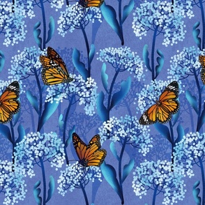 Monarch Butterflies on Milk Weeds in Dusk Blue