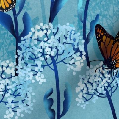 Monarch Butterflies on Milk Weeds in Dawn Blue