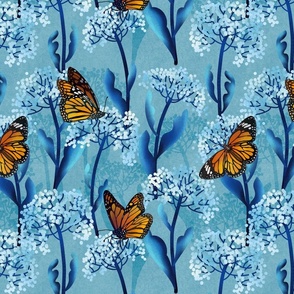 Monarch Butterflies on Milk Weeds in Dawn Blue