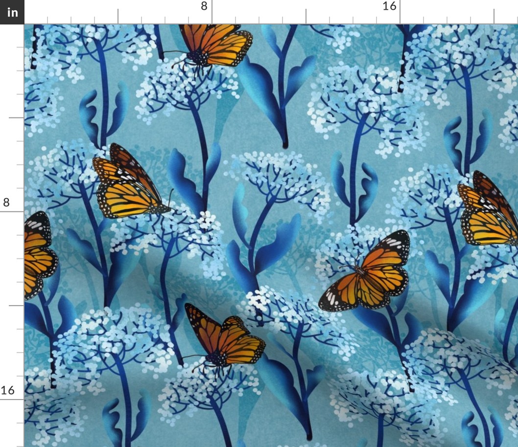 Monarch Butterflies on Milk Weeds in Dawn Blue