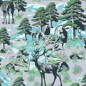 Wild Buck Deer Snowy Mountain River Crossing, Forest Green Pine Tree Woodland Landscape, Painterly Evergreen Trees, Cozy Cabin Vibe on Gray (Small Scale)