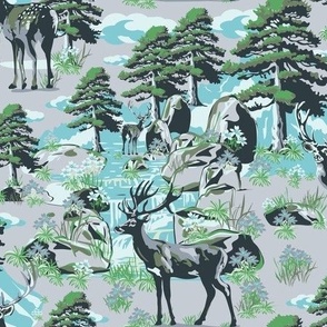 Wild Mountain Deer in the Woods, Snowy Mountain River Landscape, Forest Green Pine Tree Forest, Evergreen Trees, Rocky Mountain Buck Deer on Gray (Medium Scale)