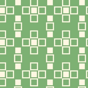 Nested geometry of layered cream squares on light green