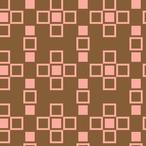 Nested geometry of layered light pink squares on brown