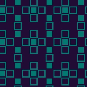 Nested geometry of layered blue squares on aqua green