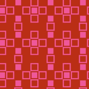 Nested geometry of layered pink squares on red