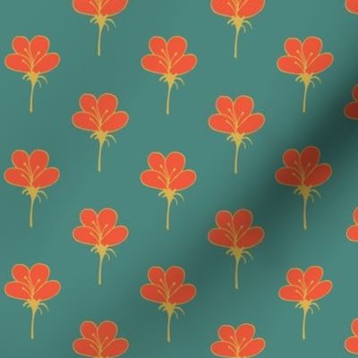 Cute Flowers Orange And Gold On Teal Half Drop.