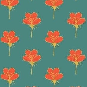 Cute Flowers Orange And Gold On Teal Half Drop.