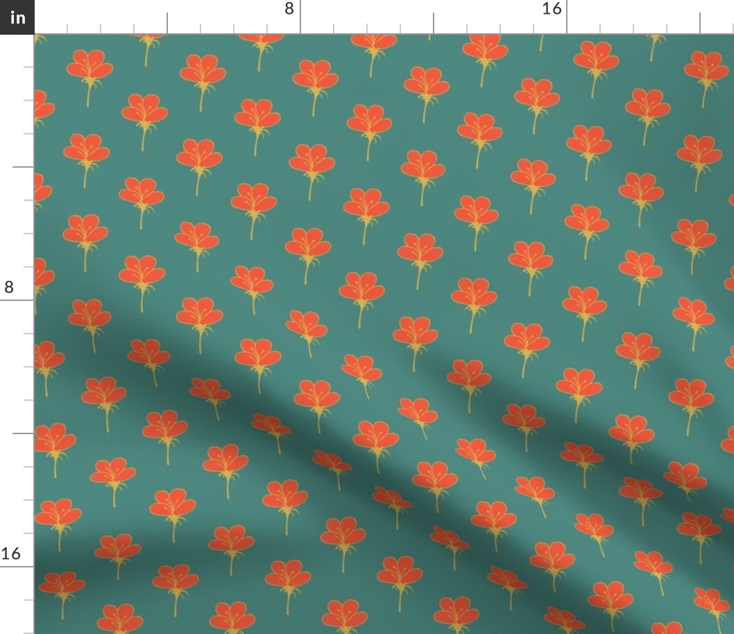 Cute Flowers Orange And Gold On Teal Half Drop.
