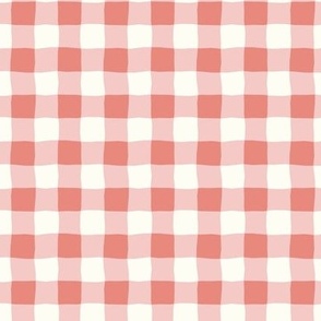 Gingham check  hand drawn medium scale kitchen decor, table linens and more in coral pink and natural white