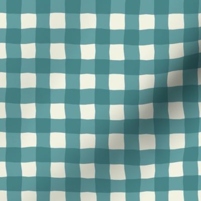 Gingham check  hand drawn medium scale kitchen decor, table linens and more in ocean blue, teal and natual white