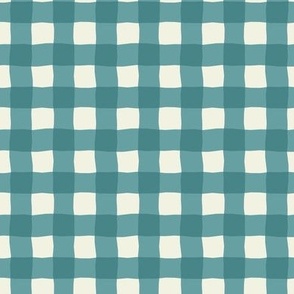 Gingham check  hand drawn medium scale kitchen decor, table linens and more in ocean blue, teal and natual white
