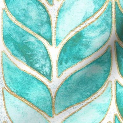 Gilded Watercolor Whale Tail Tiles - Turquoise  - Medium Scale
