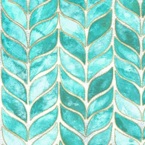 Gilded Watercolor Whale Tail Tiles - Turquoise  - Medium Scale