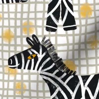 416 - Large scale organic textured golden mustard yellow polka dots under soft grey hand drawn irregular checker grid, with blach and white rustic zebras - nursery and baby accessories, cot sheets and wallpaper, children’s wear and decor 