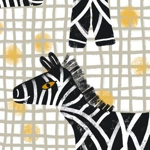 416 - Large scale organic textured golden mustard yellow polka dots under soft grey hand drawn irregular checker grid, with blach and white rustic zebras - nursery and baby accessories, cot sheets and wallpaper, children’s wear and decor 