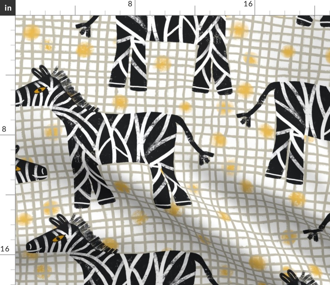 416 - Large scale organic textured golden mustard yellow polka dots under soft grey hand drawn irregular checker grid, with blach and white rustic zebras - nursery and baby accessories, cot sheets and wallpaper, children’s wear and decor 