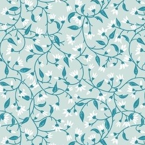 Indie floral swirl simple and flowing Indian floral and foliage vine seamless repeat in lagoon, pool blue, white and sea glass green, a Spoonflower solids coordinate, small scale