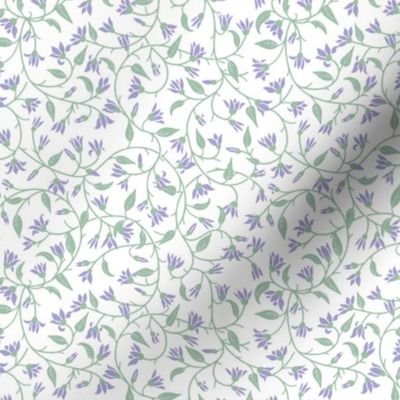 Indie floral swirl simple and flowing Indian floral and foliage vine seamless repeat in lilac, pale sage green and white, small scale