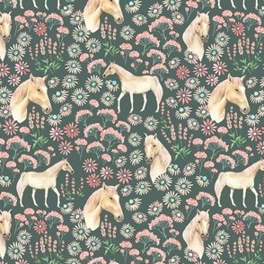 (M) watercolor horses and flowers shine  collection on dark forest green Medium Scale