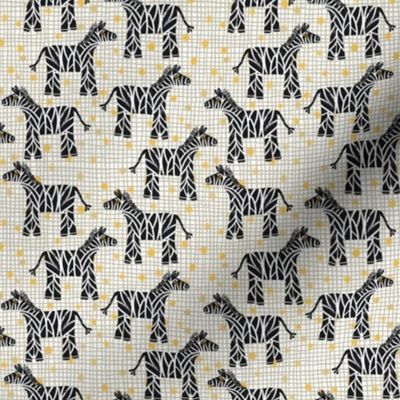 416 - Medium Small scale black and white hand drawn textured grungy zebra with lemon yellow organic irregular polka dot textured background and grey plaid, for kids décor, for savannah/tropical/wild theme nursery and children's  apparel, wallpaper, sheet 