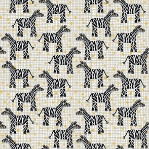 416 - Medium Small scale black and white hand drawn textured grungy zebra with lemon yellow organic irregular polka dot textured background and grey plaid, for kids décor, for savannah/tropical/wild theme nursery and children's  apparel, wallpaper, sheet 