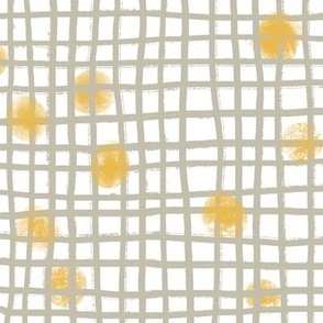 417 - Large scale organic textured golden mustard yellow polka dots behind soft grey hand drawn irregular checker grid - nursery and baby accessories, cot sheets and wallpaper, children’s wear and decor 