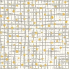 417 - Mini micro small scale organic textured golden mustard yellow polka dots behind soft gray hand drawn irregular checker grid - nursery and baby accessories, cot sheets and wallpaper, children’s wear and decor 