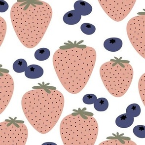 Strawberries & Blue berries - summer forest fruit garden vintage blush blue on white 