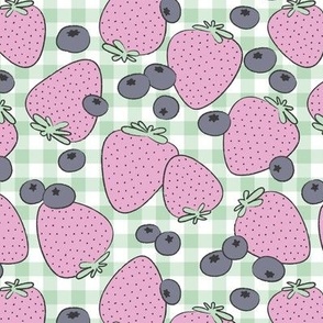 Summer days in the park - retro fruit picnic with forest fruits strawberries and blueberries pastel pink mint vintage purple
