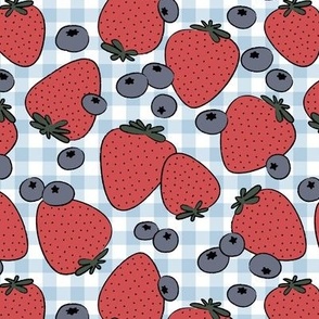 Summer days in the park - retro fruit picnic with forest fruits strawberries and blueberries vintage blue red